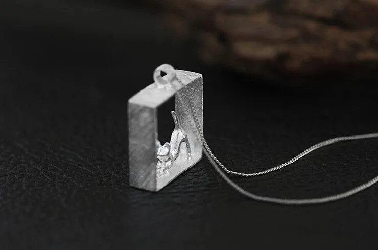 Sterling Silver Cat in the Box Necklace
