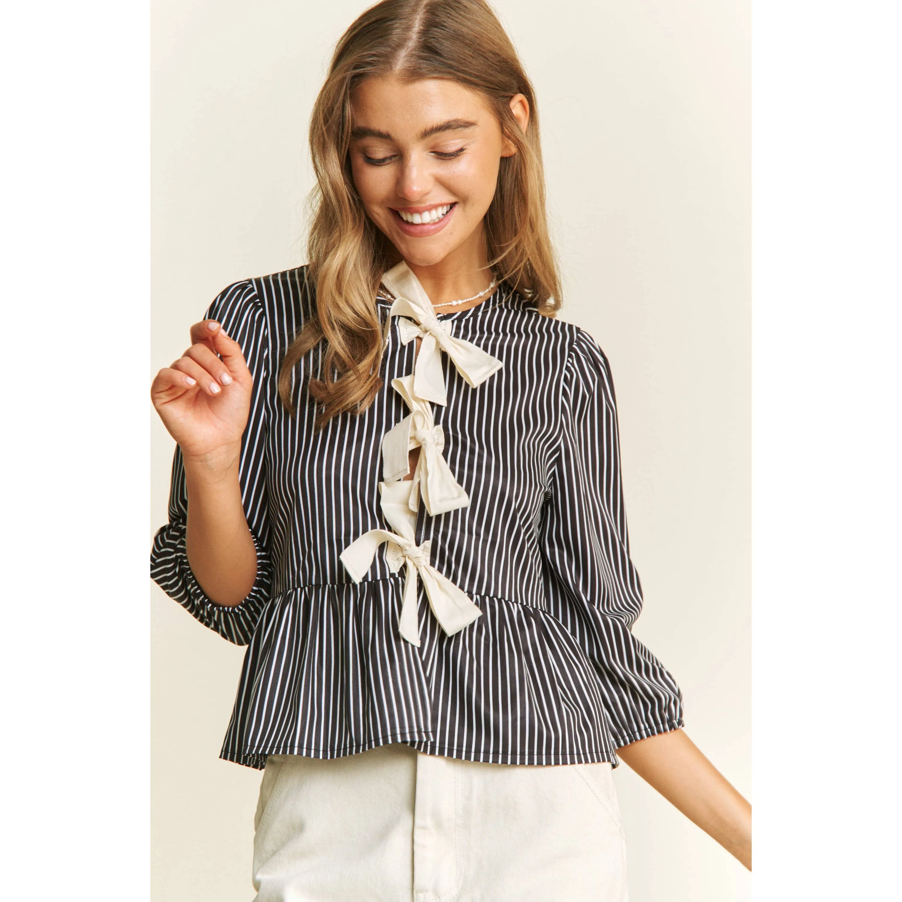 Striped Bow Baby Doll Blouse