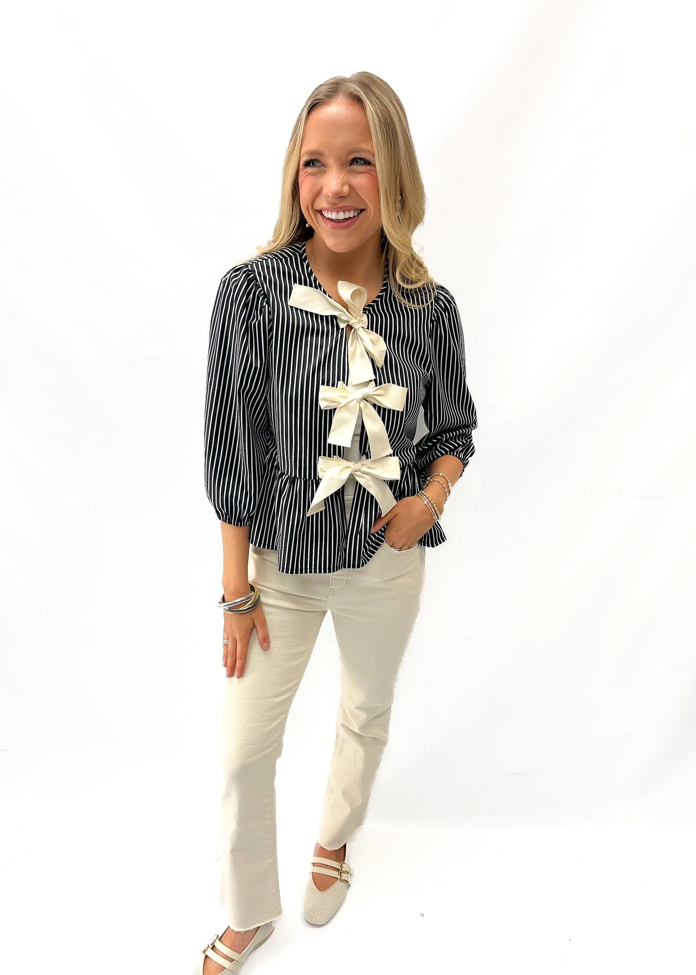 Striped Bow Baby Doll Blouse