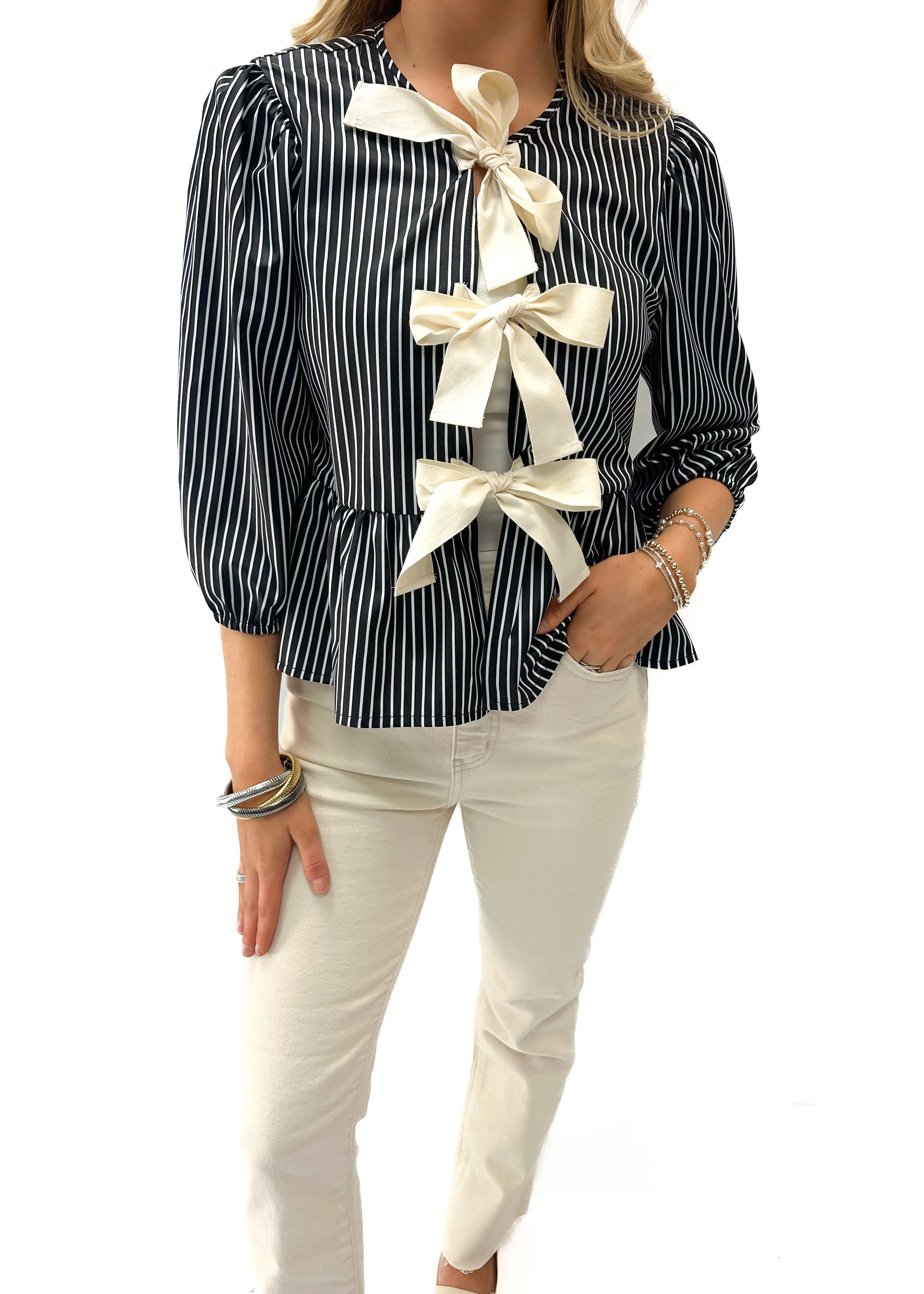 Striped Bow Baby Doll Blouse