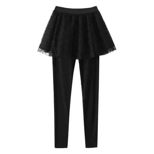 Stylish Black Voile Ruffles Spliced Women's Leggings - Black M