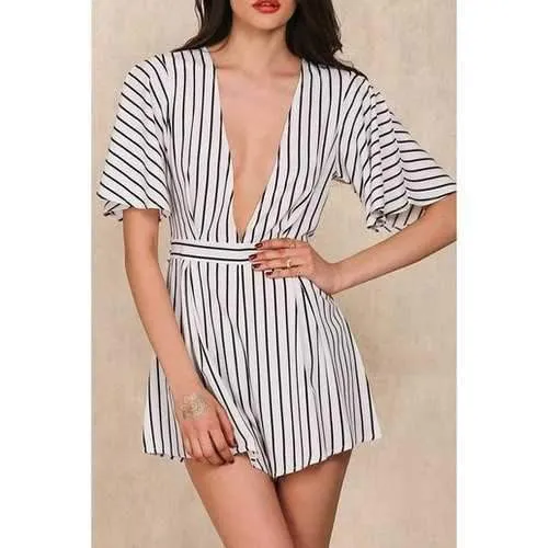 Stylish Plunging Neck Half Sleeve Stripe Women's Romper - White L
