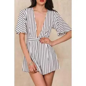 Stylish Plunging Neck Half Sleeve Stripe Women's Romper - White L