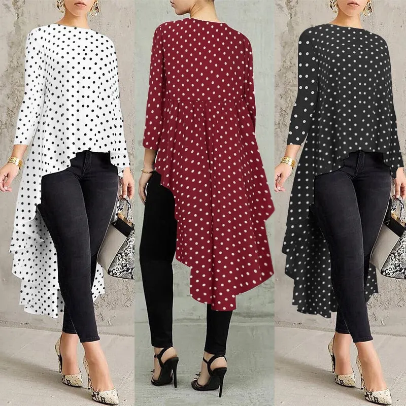 Stylish Printed Asymmetrical Tunic Women's Polka Dot Blouse
