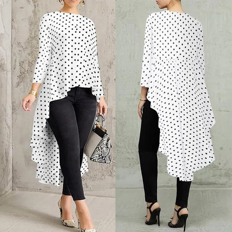 Stylish Printed Asymmetrical Tunic Women's Polka Dot Blouse