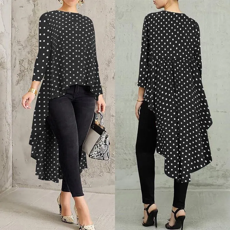Stylish Printed Asymmetrical Tunic Women's Polka Dot Blouse