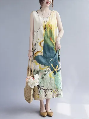 Summer Breathable Cozy Print Linen Tank Dress for Female