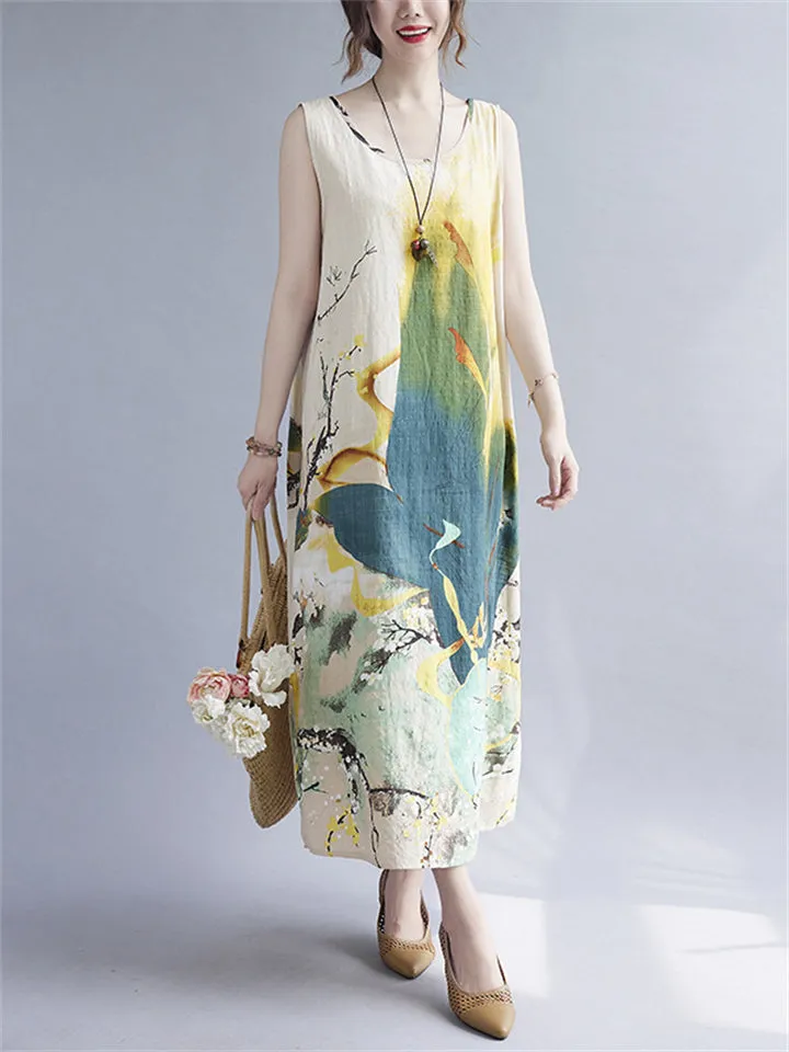 Summer Breathable Cozy Print Linen Tank Dress for Female