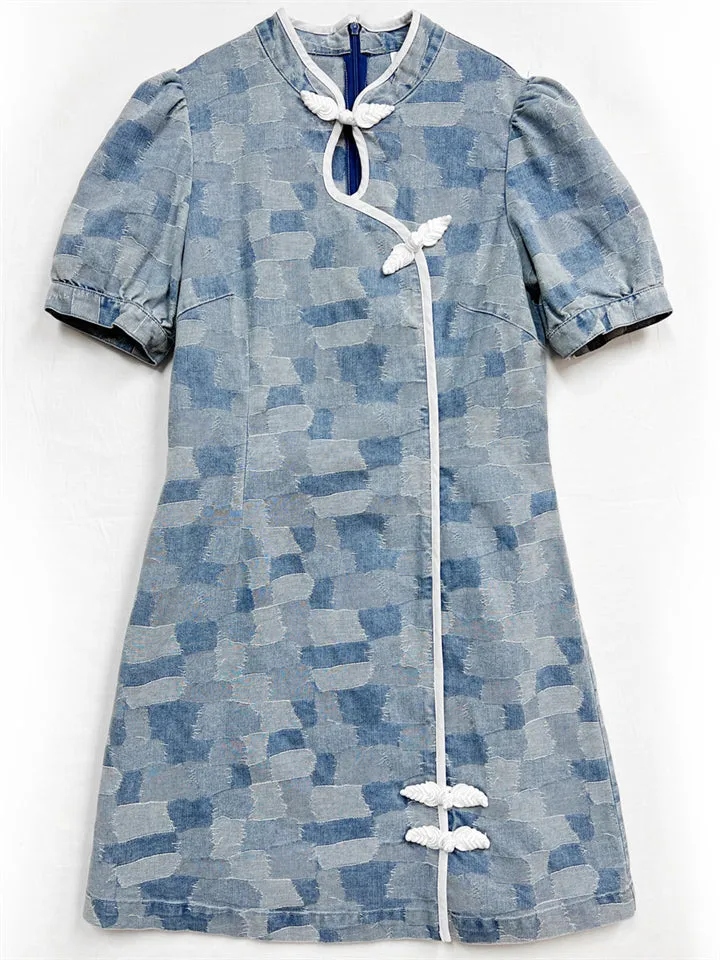 Summer Cozy Slim Fit Knee Length Blue Denim Dress for Women