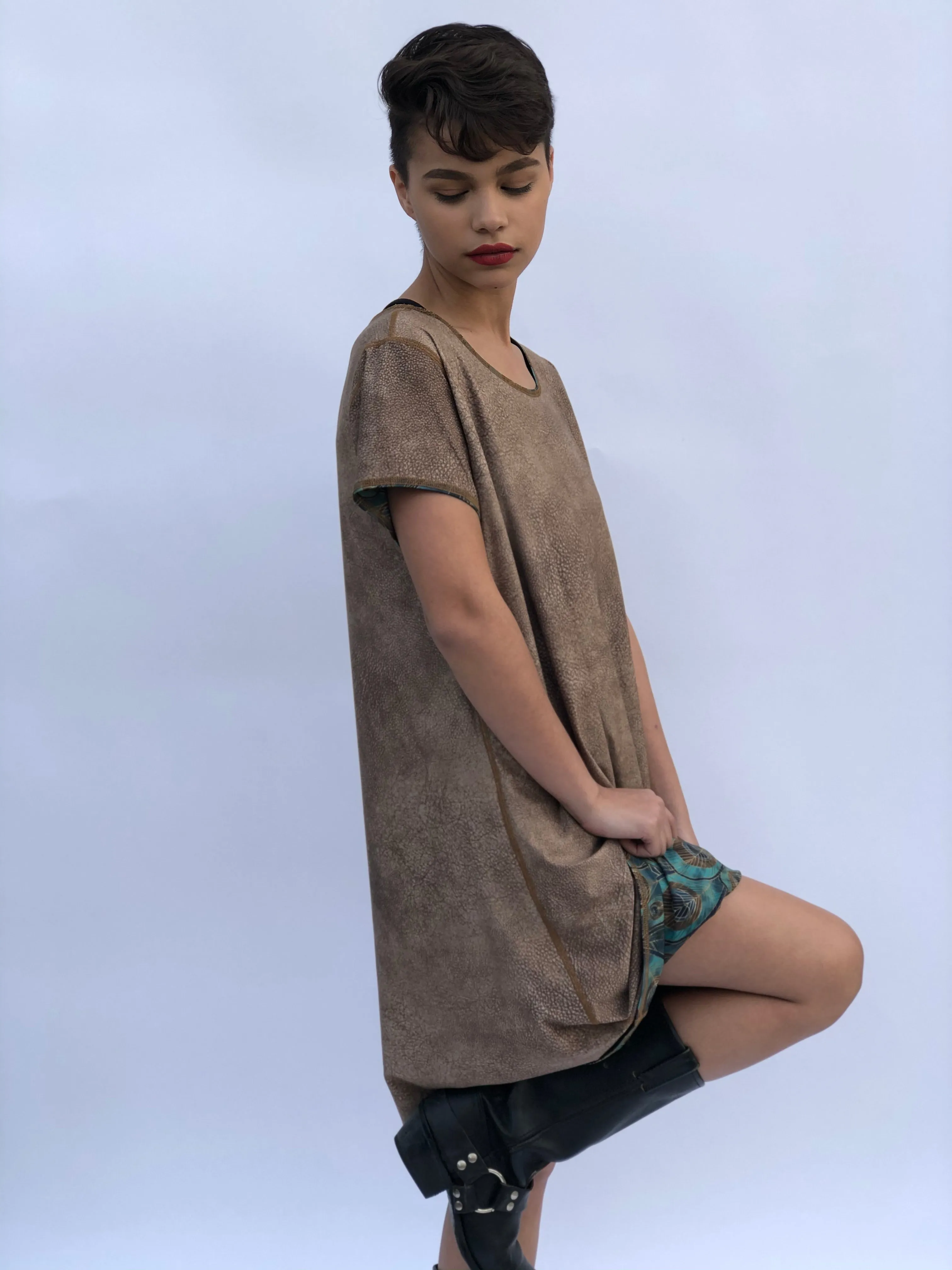SWING DRESS PEACOCK/FAUX SUEDE
