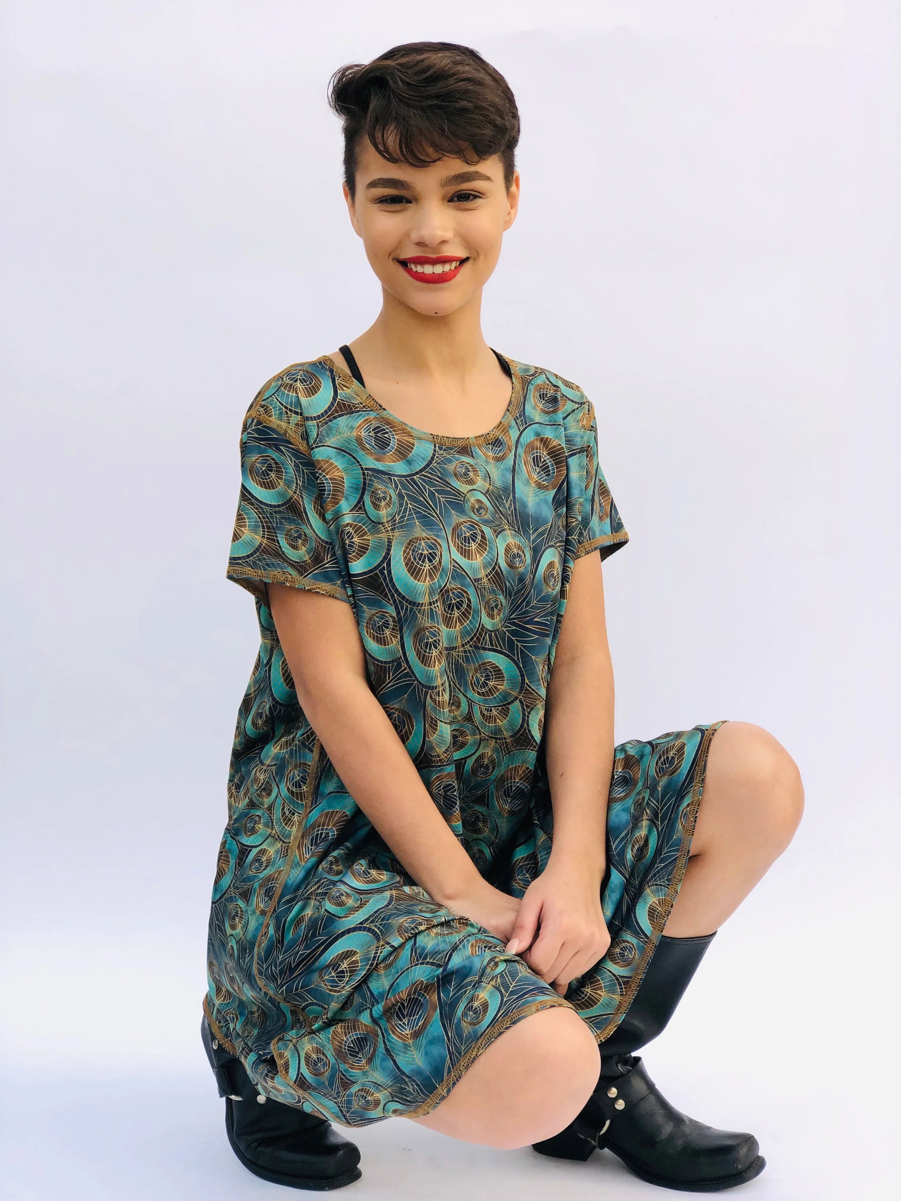 SWING DRESS PEACOCK/FAUX SUEDE