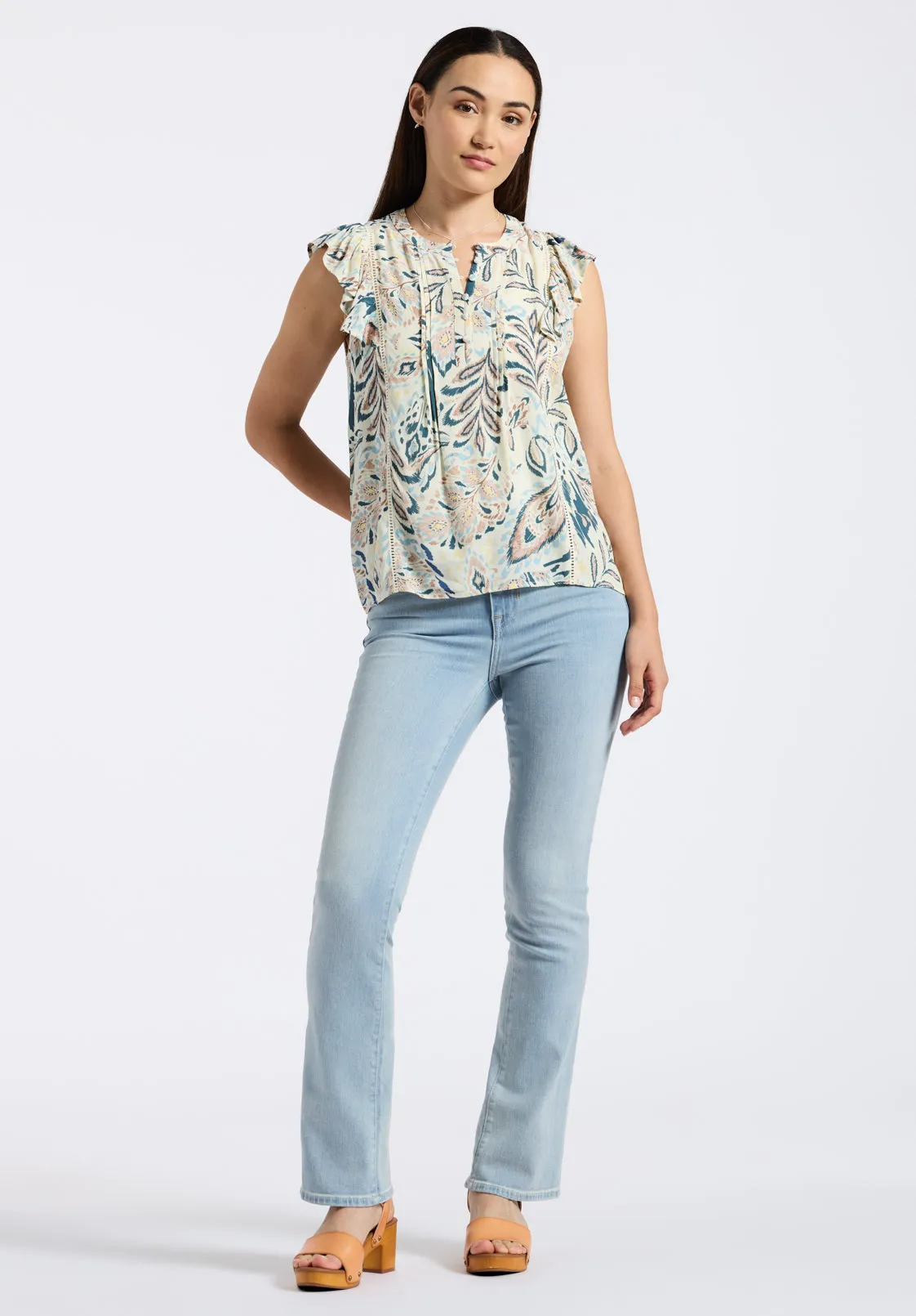 Tinlee Women's Sleeveless Floral Ruffle Blouse with Pintuck Details, Paisley - WT0175P