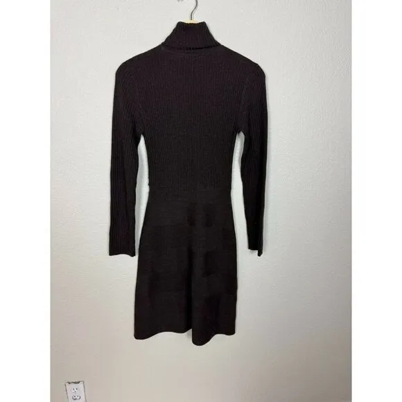 Tory Burch Women's Turtleneck Long Sleeve Rib A Line Sweater Dress Brown Wool
