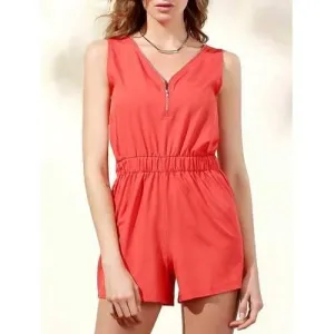 Trendy Sleeveless Zip Up Women's Romper - Orange Red M