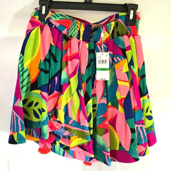 Trina Turk Women Sz L Skort Rainforest elastic waist adjust belt tassel LAST ONE