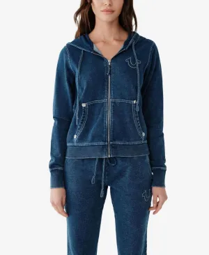 True Religion Women's Big T Classic Zip Up Front Hoodie Indigo M