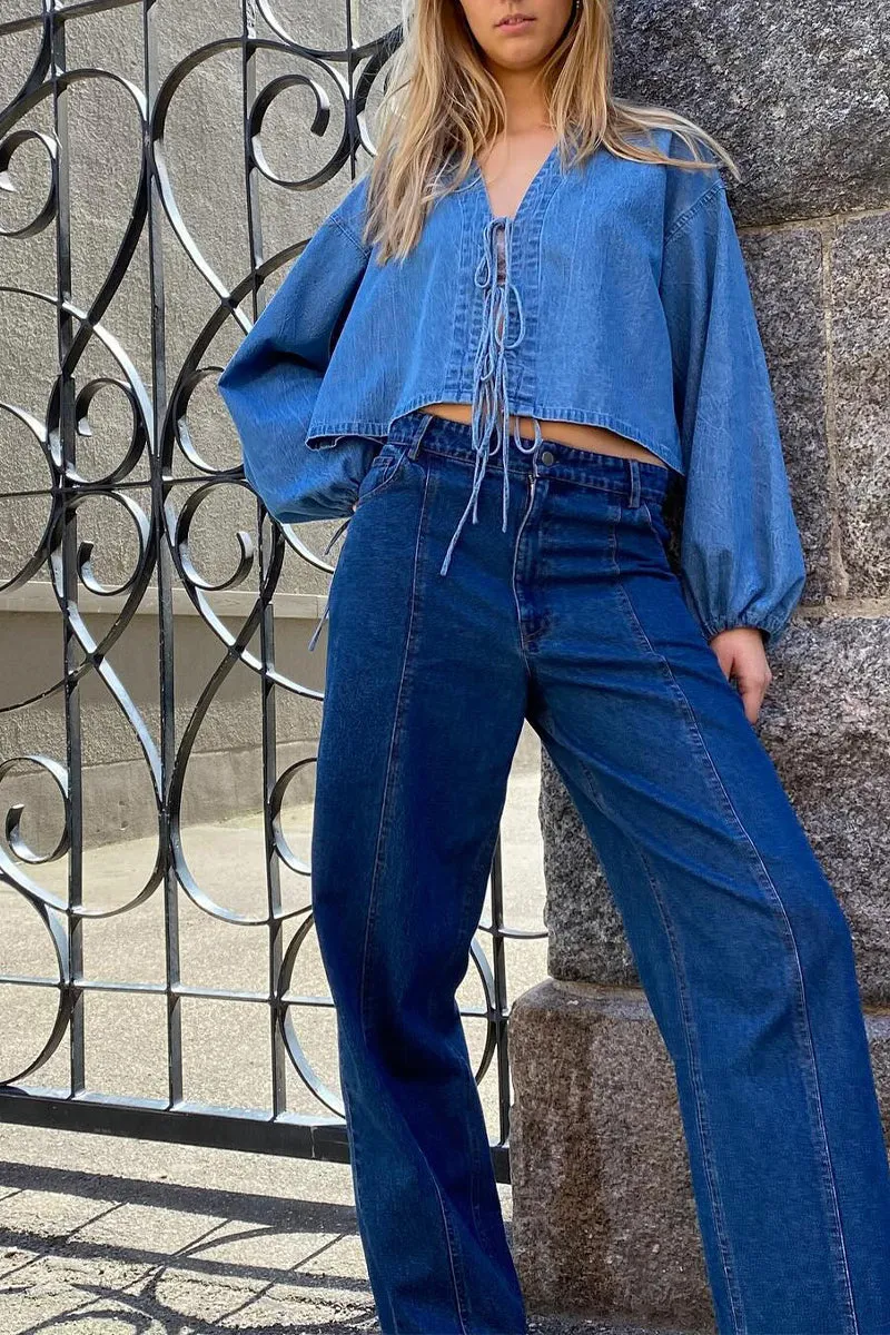 TS3332 Denim Front Tie Shirt Set