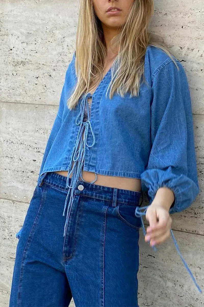 TS3332 Denim Front Tie Shirt Set