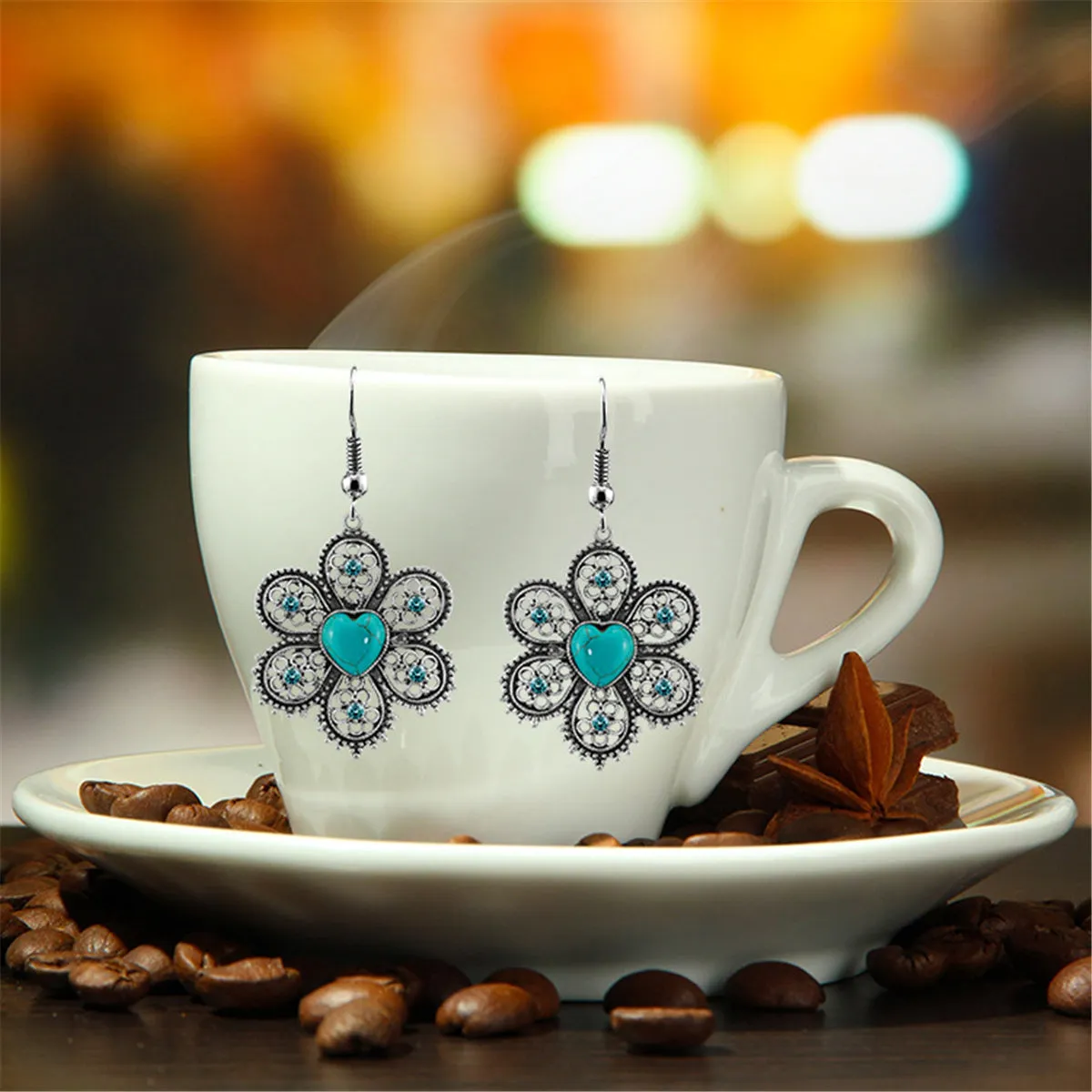 Turquoise & Cubic Zirconia Silver-Plated Heart Flower Drop Earrings
