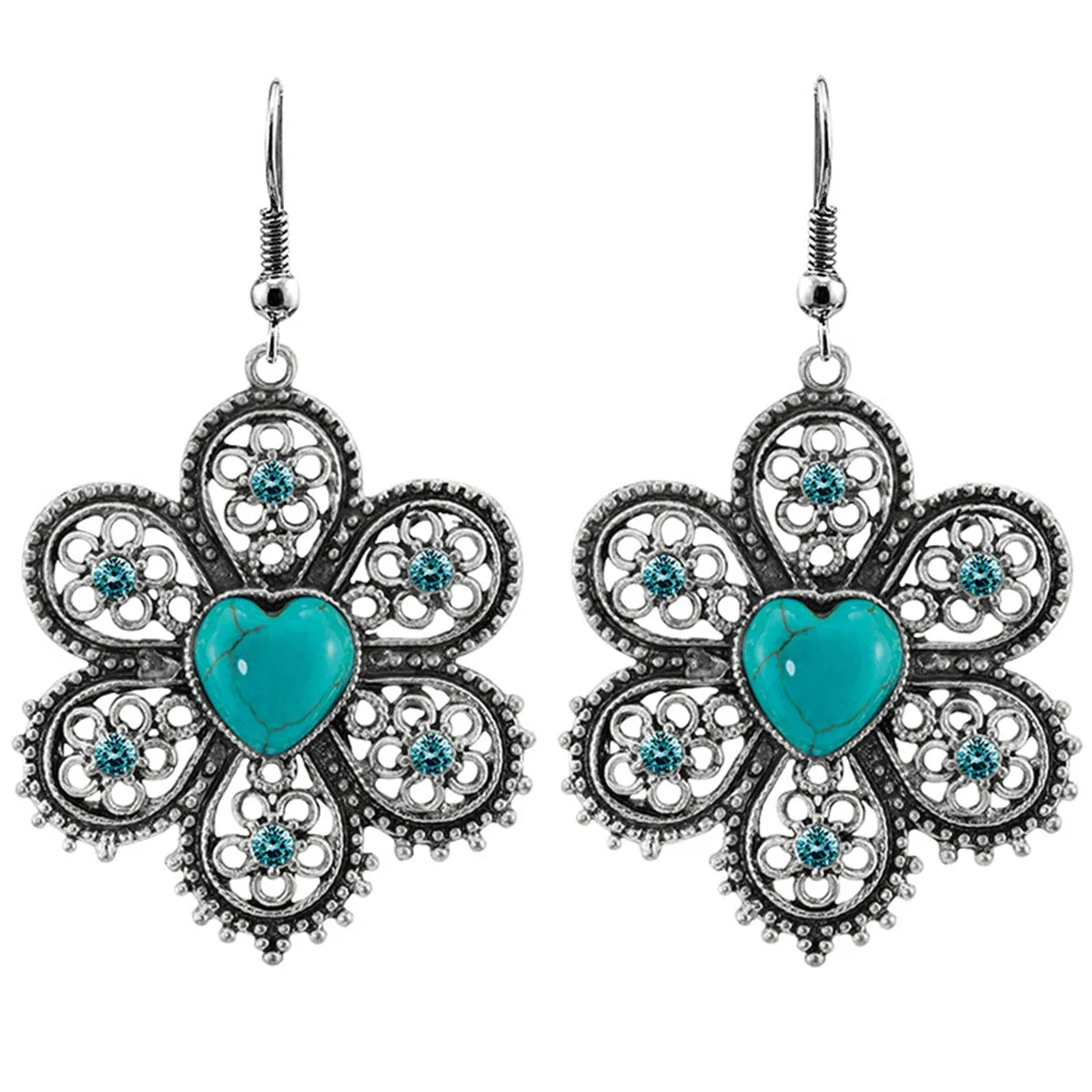 Turquoise & Cubic Zirconia Silver-Plated Heart Flower Drop Earrings