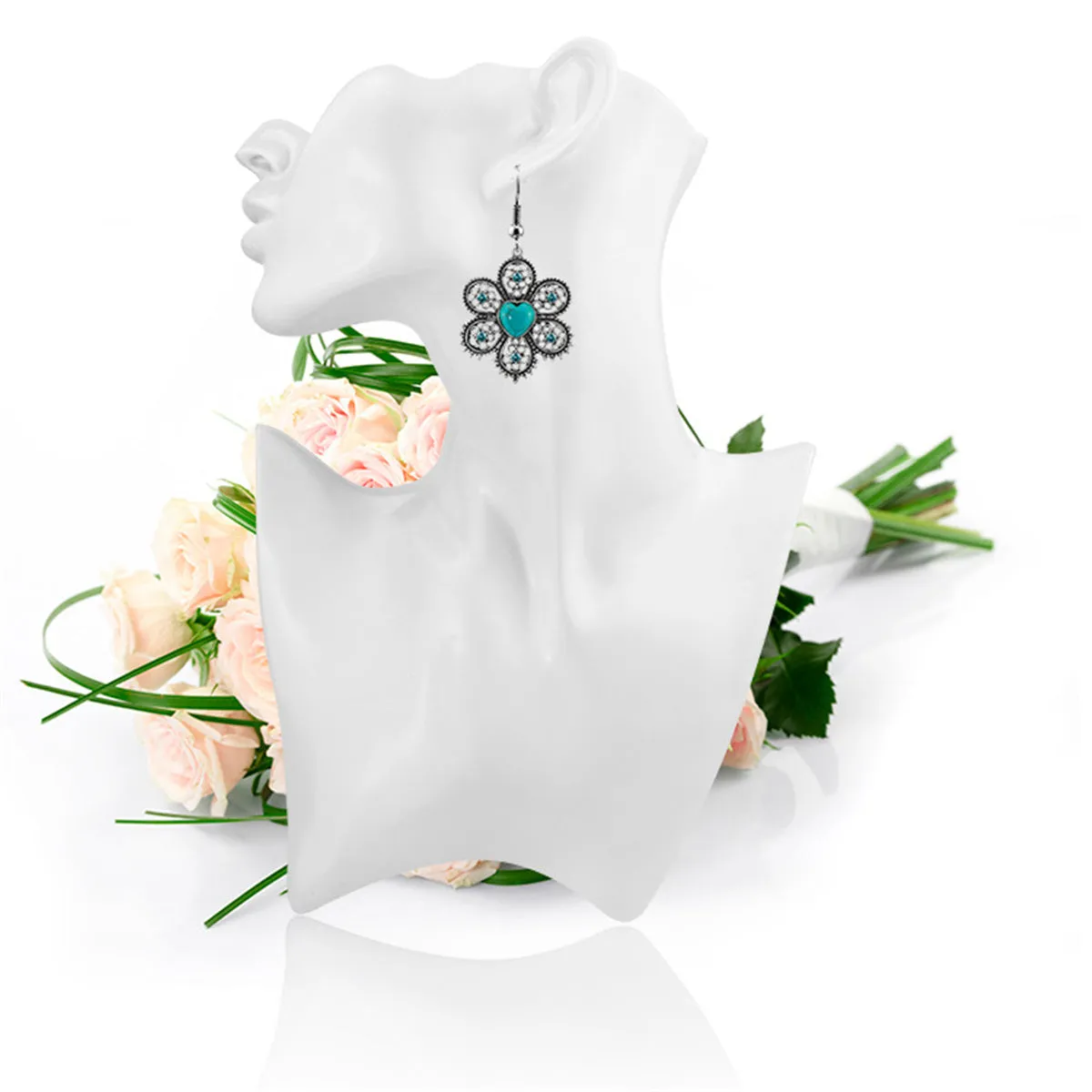 Turquoise & Cubic Zirconia Silver-Plated Heart Flower Drop Earrings