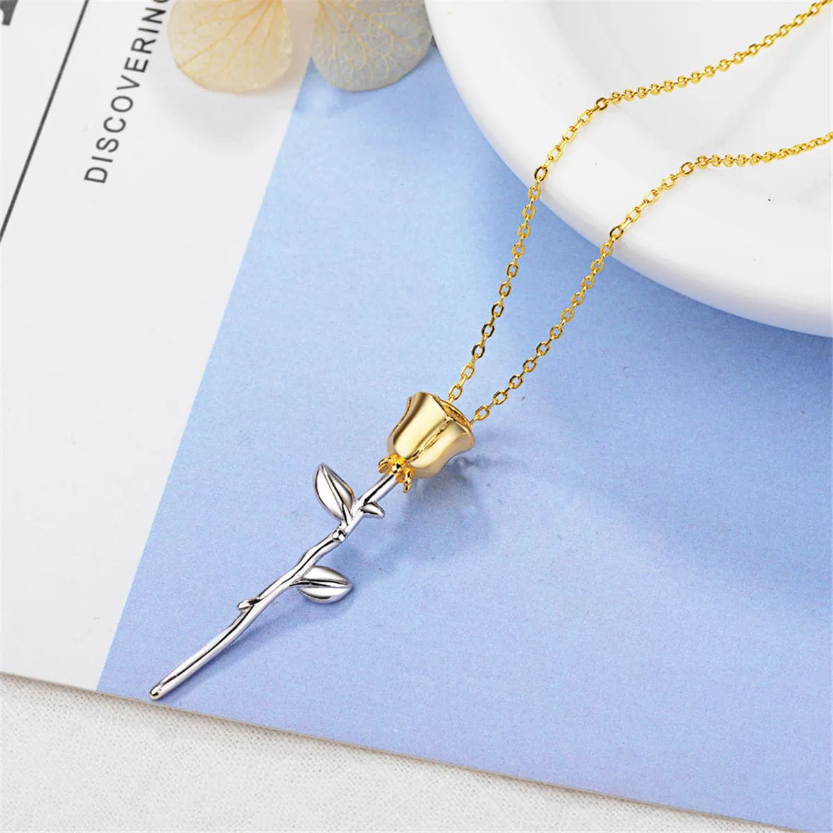 Two Tone Rose Pendant Necklace