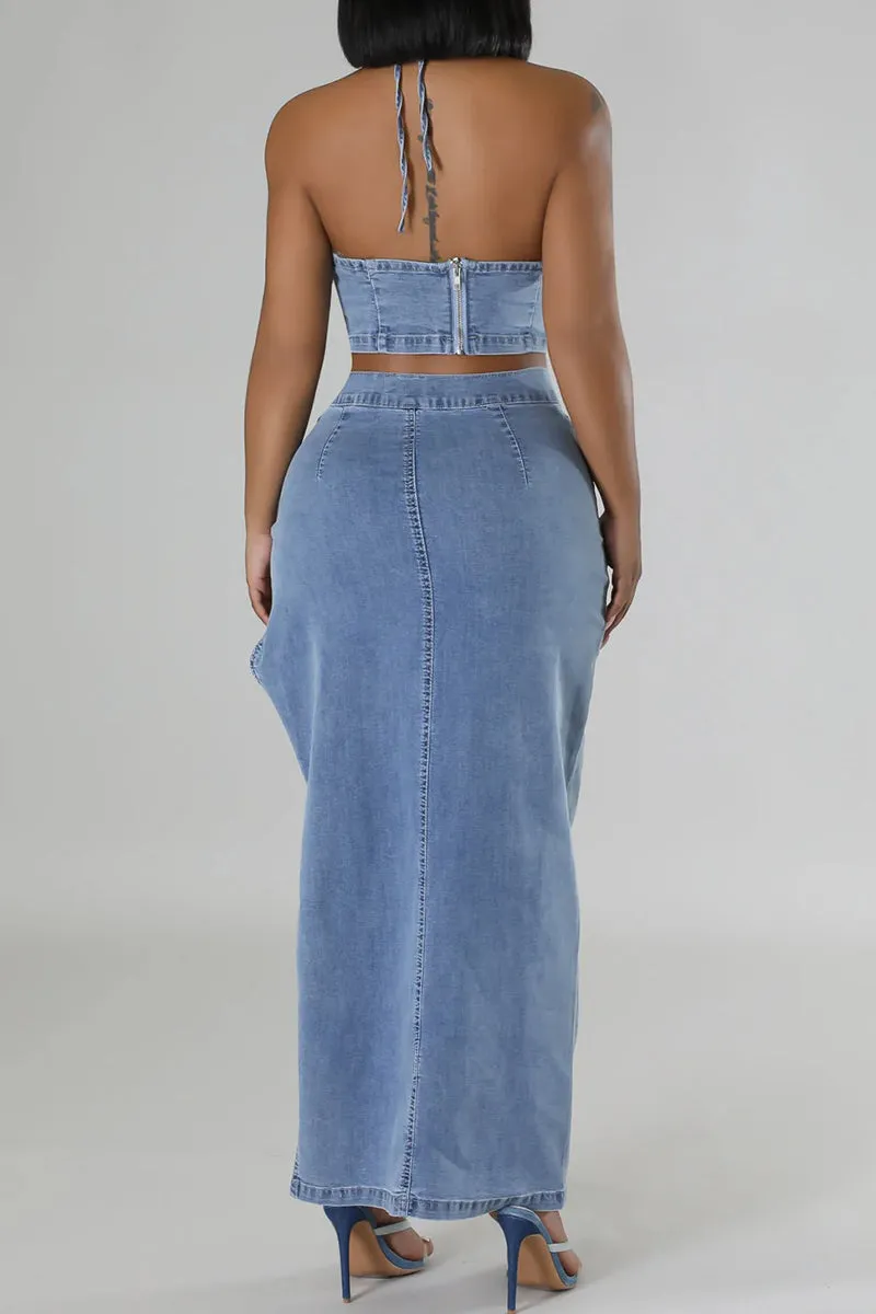 UR3096 Denim Top and Skirt Set