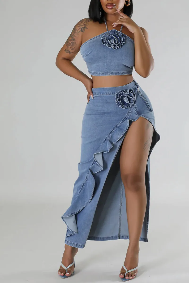 UR3096 Denim Top and Skirt Set