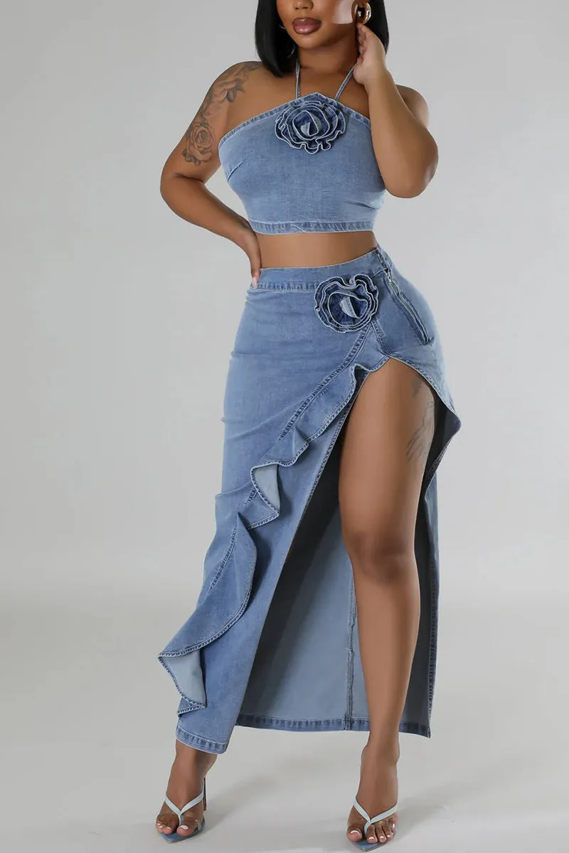 UR3096 Denim Top and Skirt Set