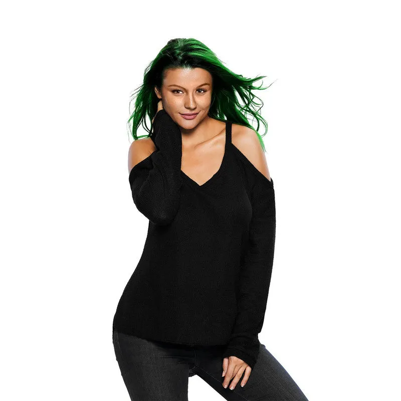 V Neck Loose Fit Cold Shoulder Sweater - Black, Grey or Rust