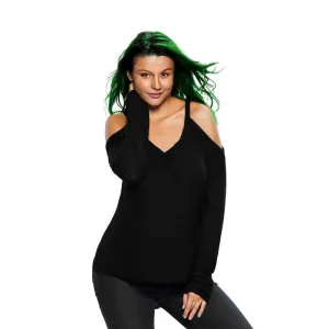 V Neck Loose Fit Cold Shoulder Sweater - Black, Grey or Rust