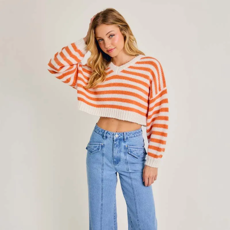 V-Neck Stripe Cropped Sweater