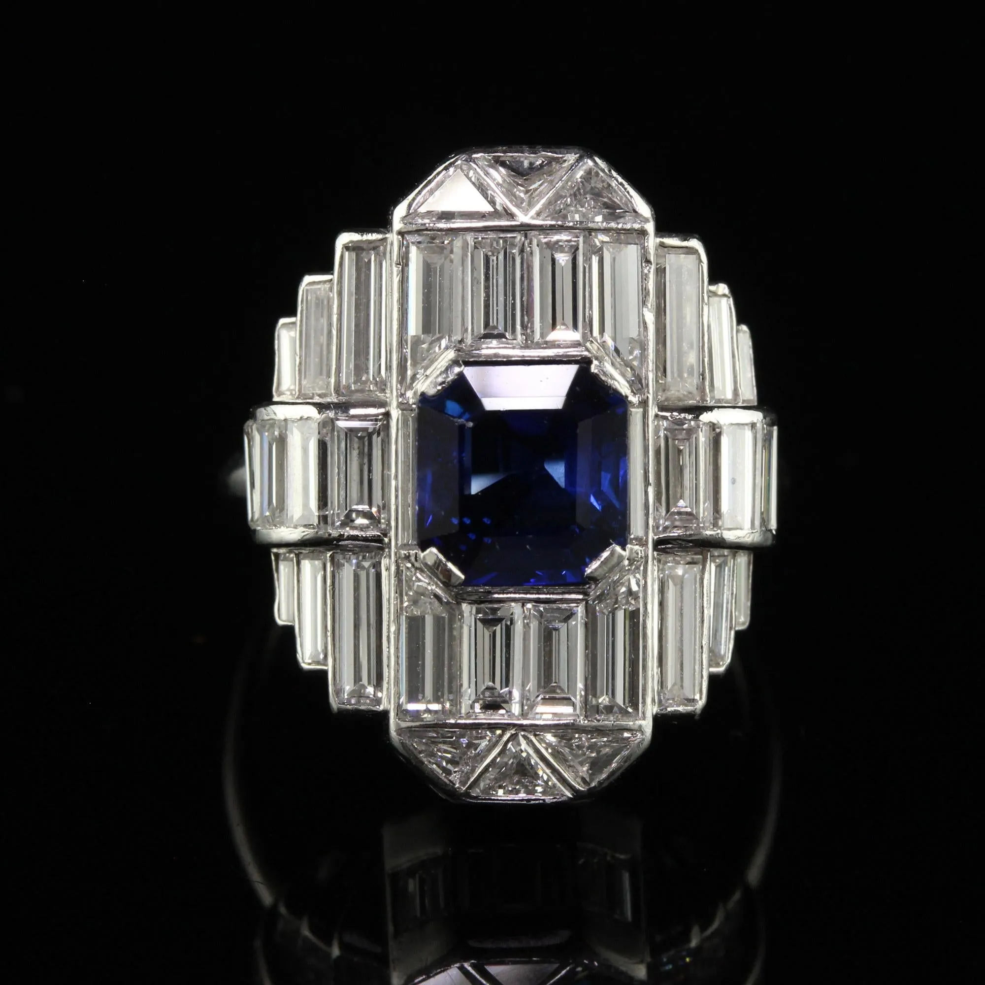 Vintage Art Deco Platinum Baguette Diamond and Sapphire Cocktail Ring - GIA