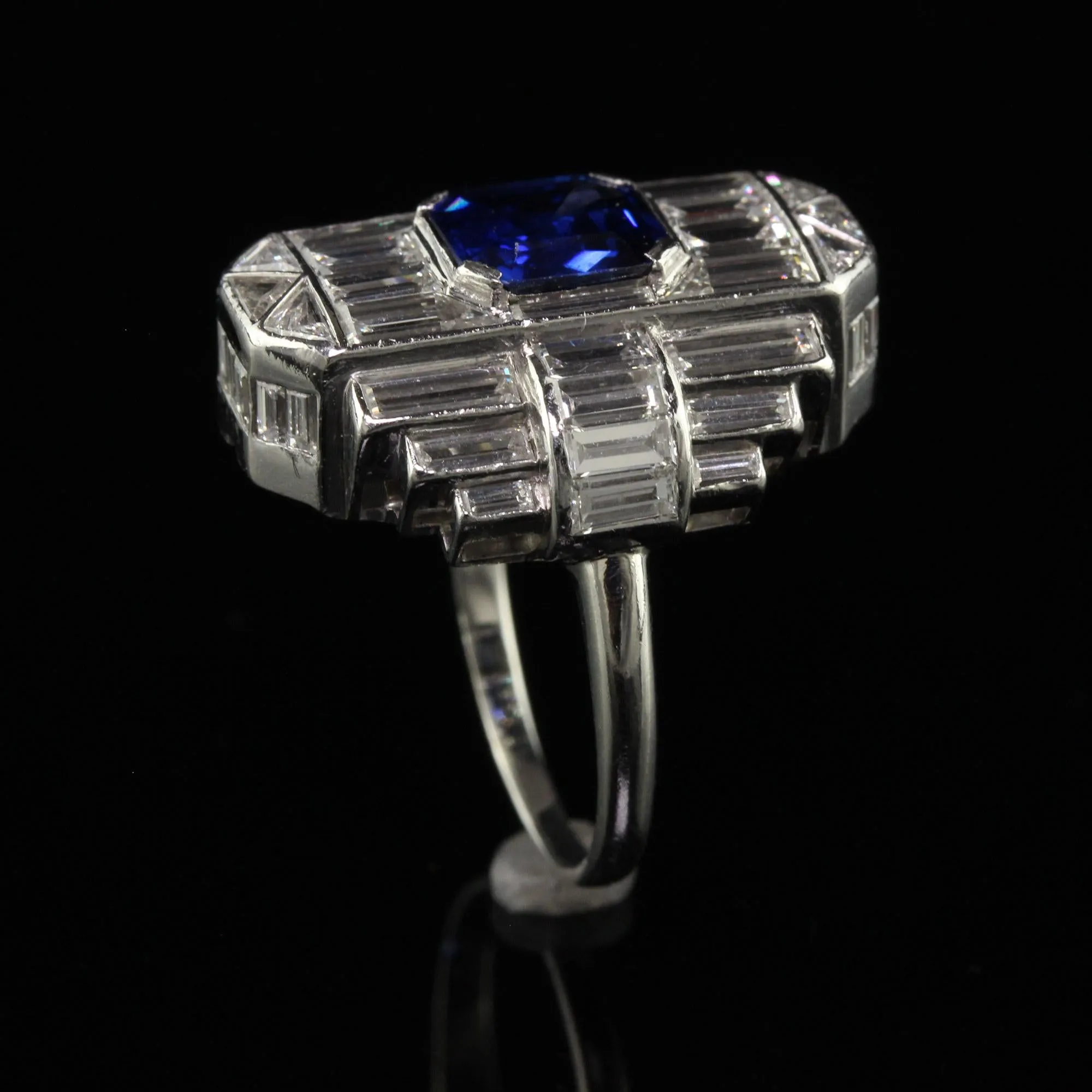 Vintage Art Deco Platinum Baguette Diamond and Sapphire Cocktail Ring - GIA