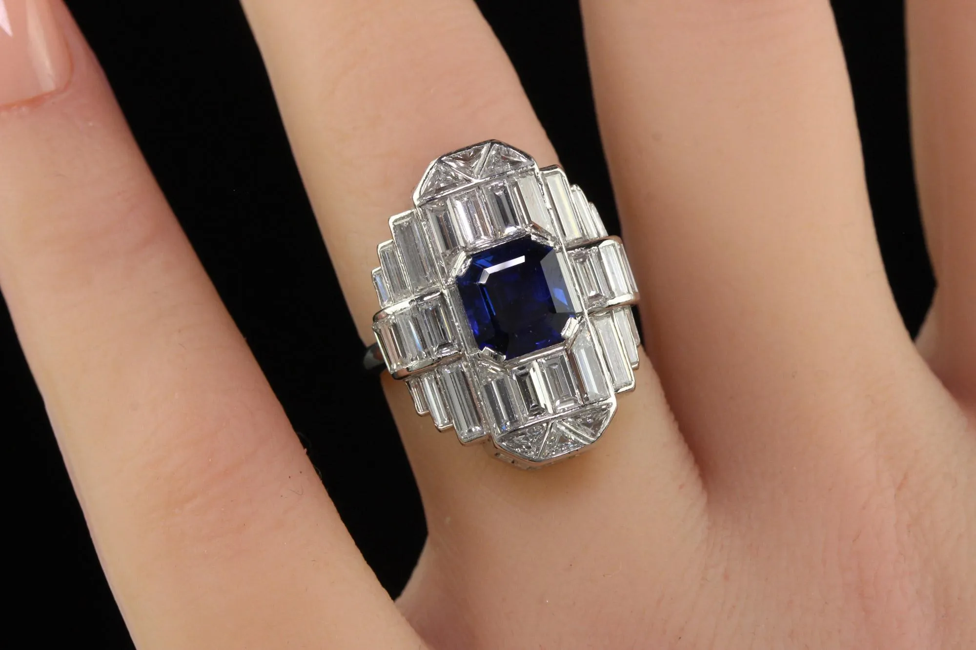 Vintage Art Deco Platinum Baguette Diamond and Sapphire Cocktail Ring - GIA