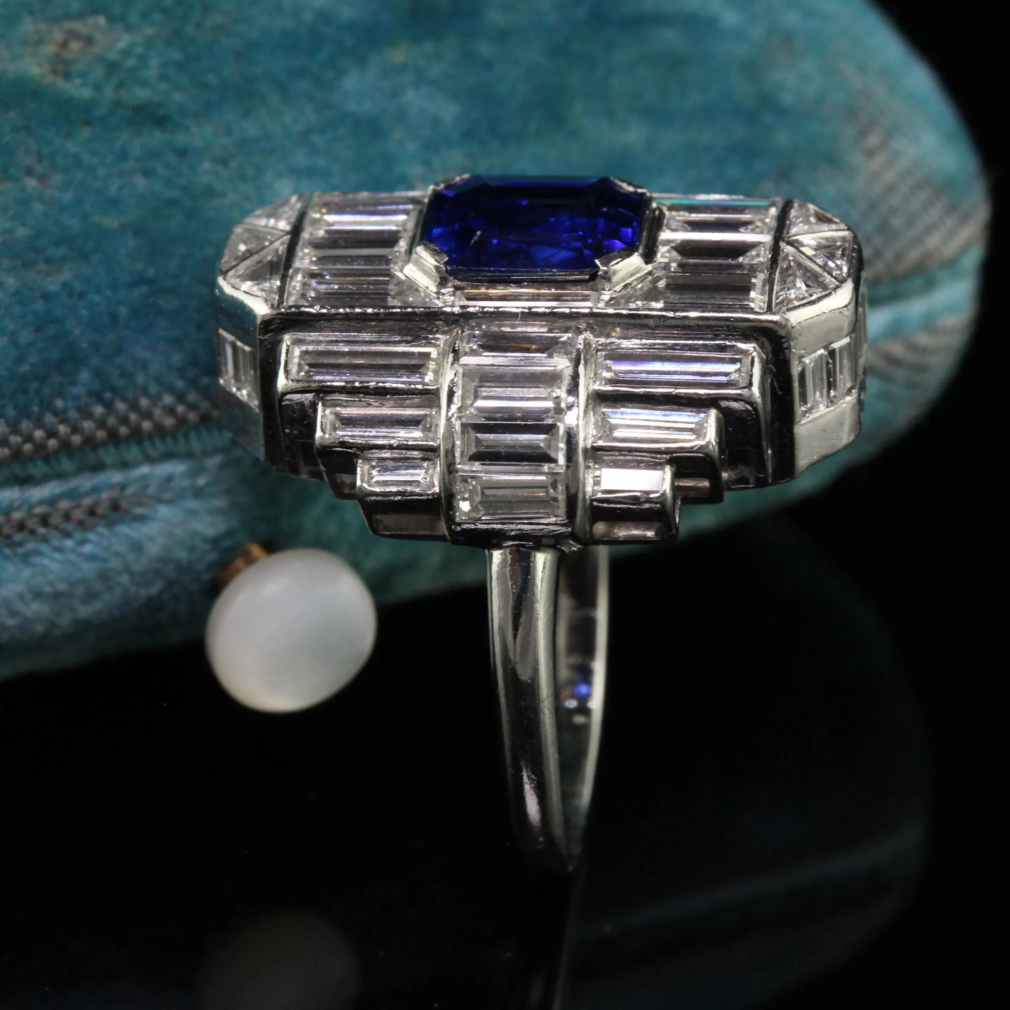 Vintage Art Deco Platinum Baguette Diamond and Sapphire Cocktail Ring - GIA
