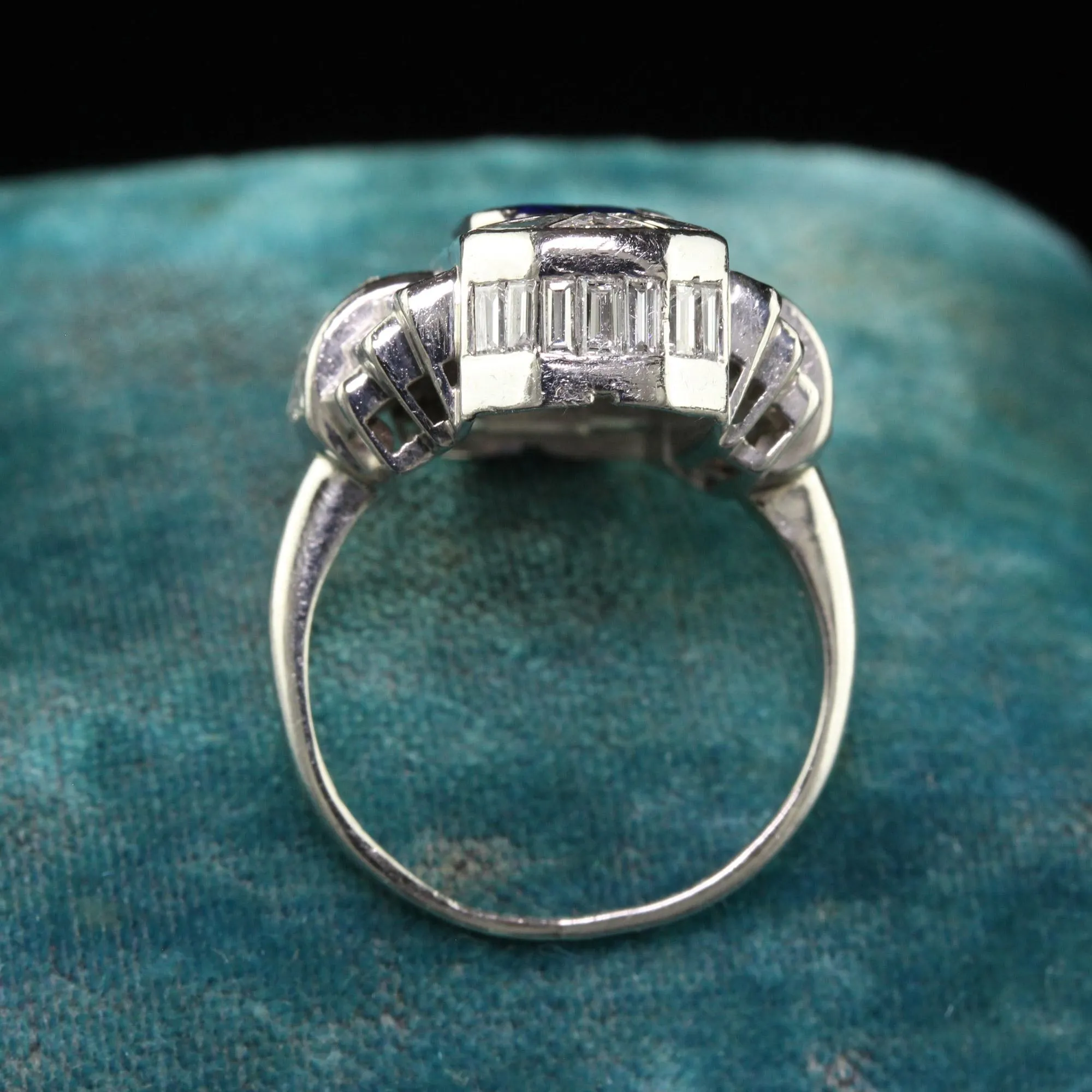 Vintage Art Deco Platinum Baguette Diamond and Sapphire Cocktail Ring - GIA
