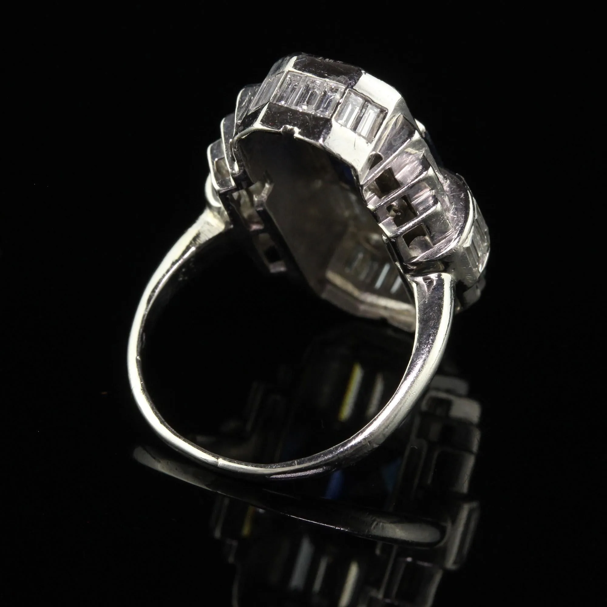 Vintage Art Deco Platinum Baguette Diamond and Sapphire Cocktail Ring - GIA