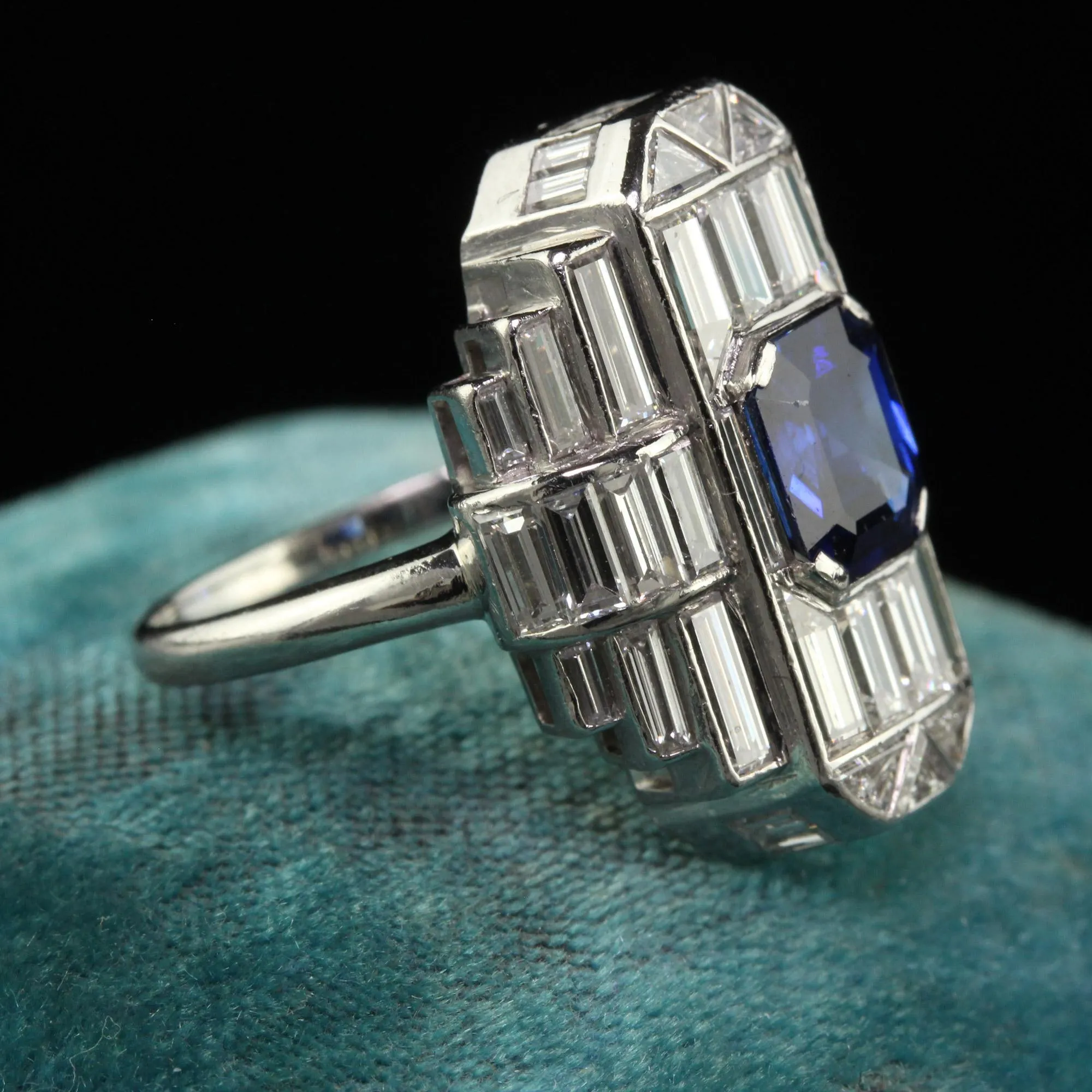 Vintage Art Deco Platinum Baguette Diamond and Sapphire Cocktail Ring - GIA