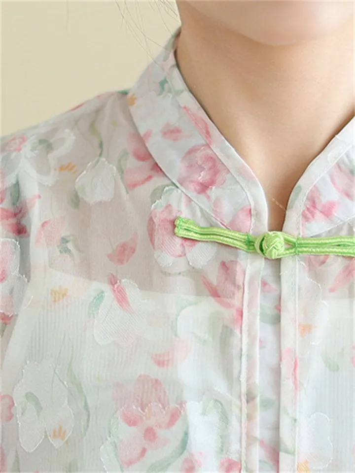 Vintage See-Through Floral Print Knot Button Shirt for Lady