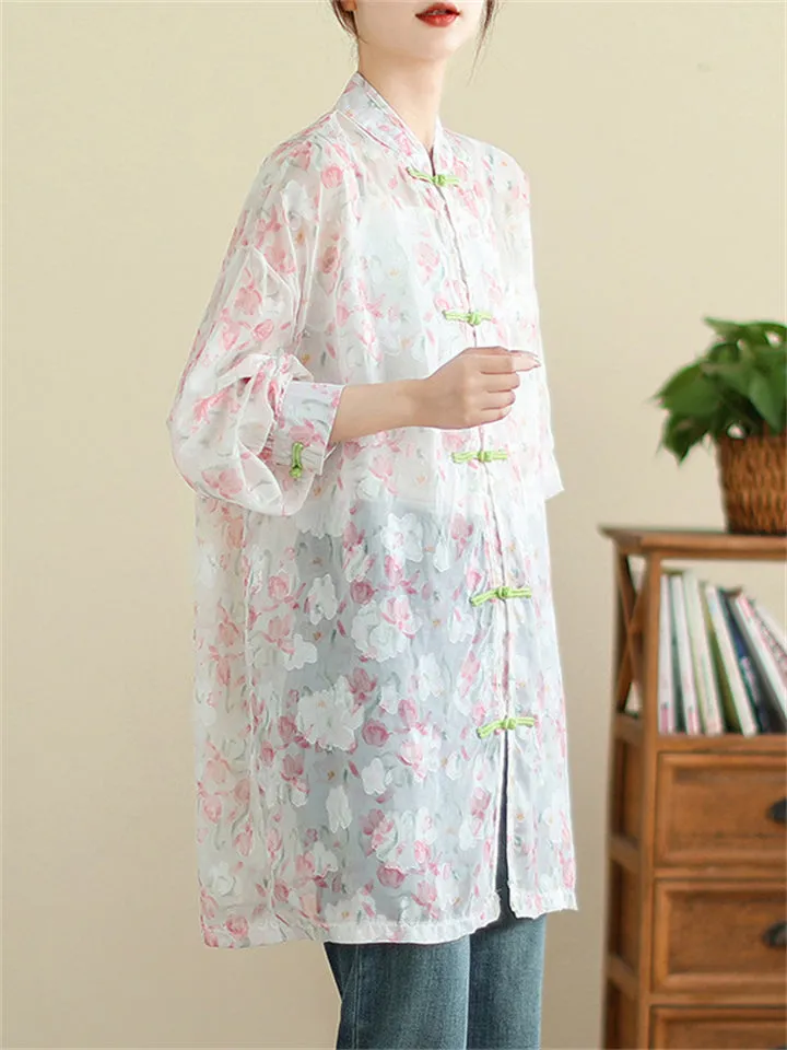 Vintage See-Through Floral Print Knot Button Shirt for Lady