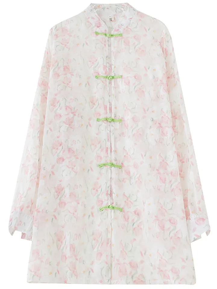 Vintage See-Through Floral Print Knot Button Shirt for Lady