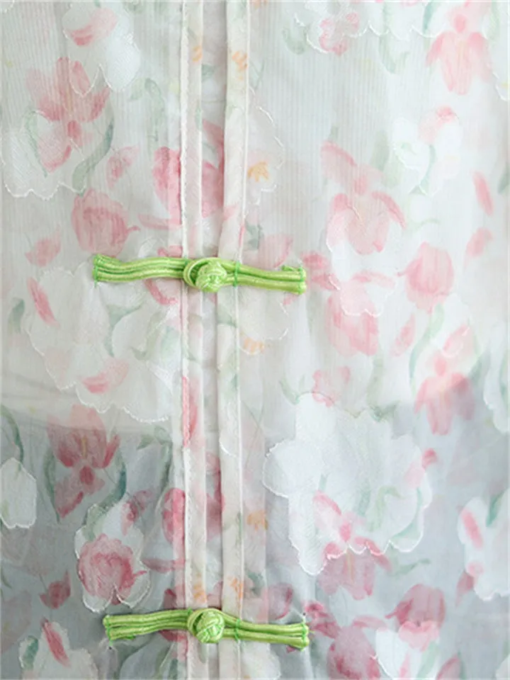 Vintage See-Through Floral Print Knot Button Shirt for Lady