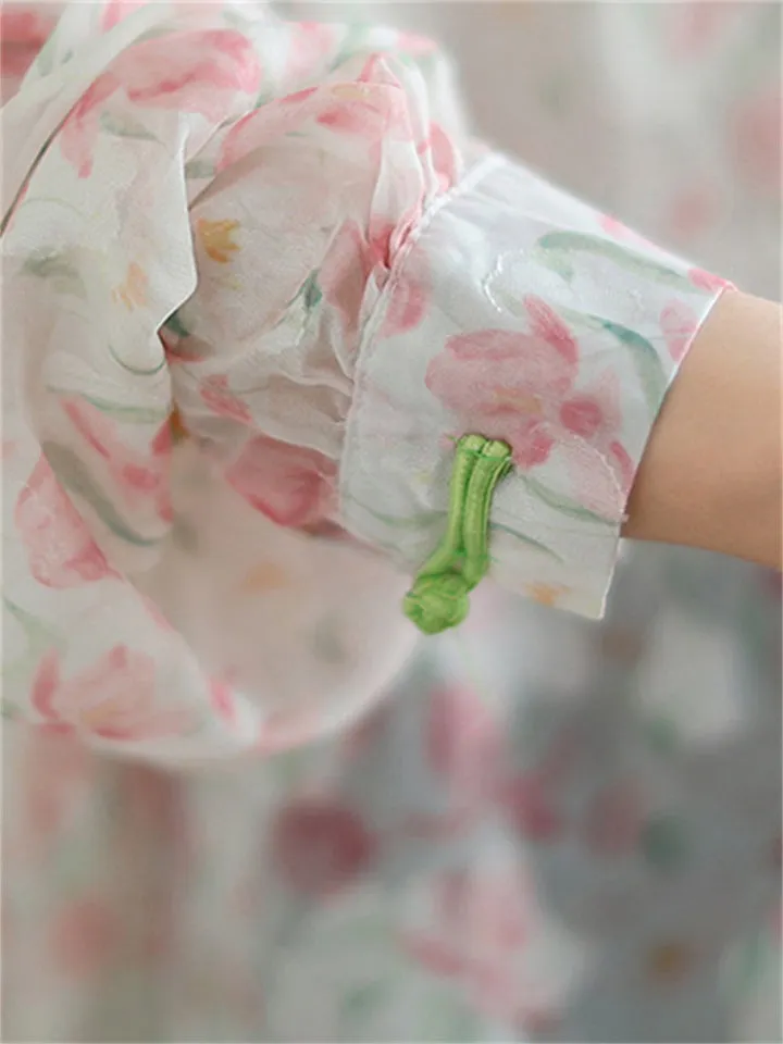Vintage See-Through Floral Print Knot Button Shirt for Lady