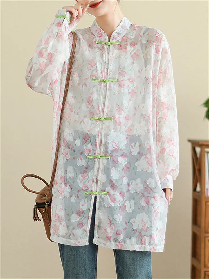 Vintage See-Through Floral Print Knot Button Shirt for Lady