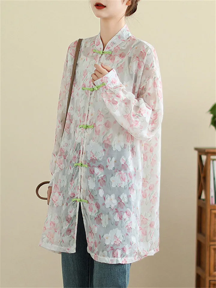 Vintage See-Through Floral Print Knot Button Shirt for Lady