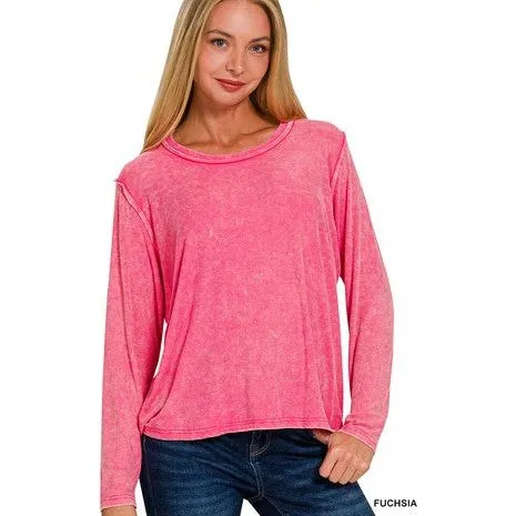 Washed Ribbed Scoop Neck Long Sleeve