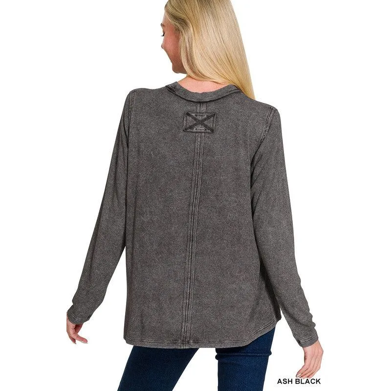 Washed Ribbed Scoop Neck Long Sleeve