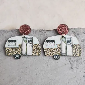 White & Brown Leopard Camper Glitter-Accent Drop Earrings