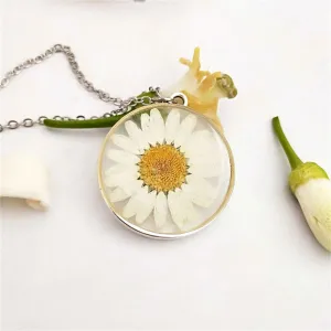 White & Yellow Pressed Mum Round Pendant Necklace